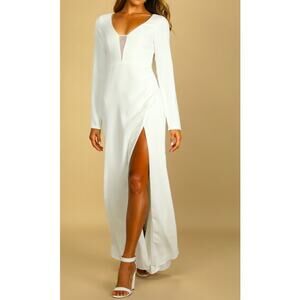 LULU'S S Romance for the Ages White V-Neck Long Sleeve Maxi Bridal Dress NEW B41